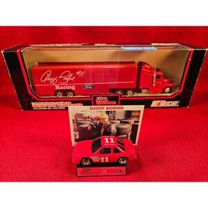 GEOFF BODINE NASCAR TRANSPORTER BUNDLE w/MATCHING STOCKCAR & PLAYER CARD